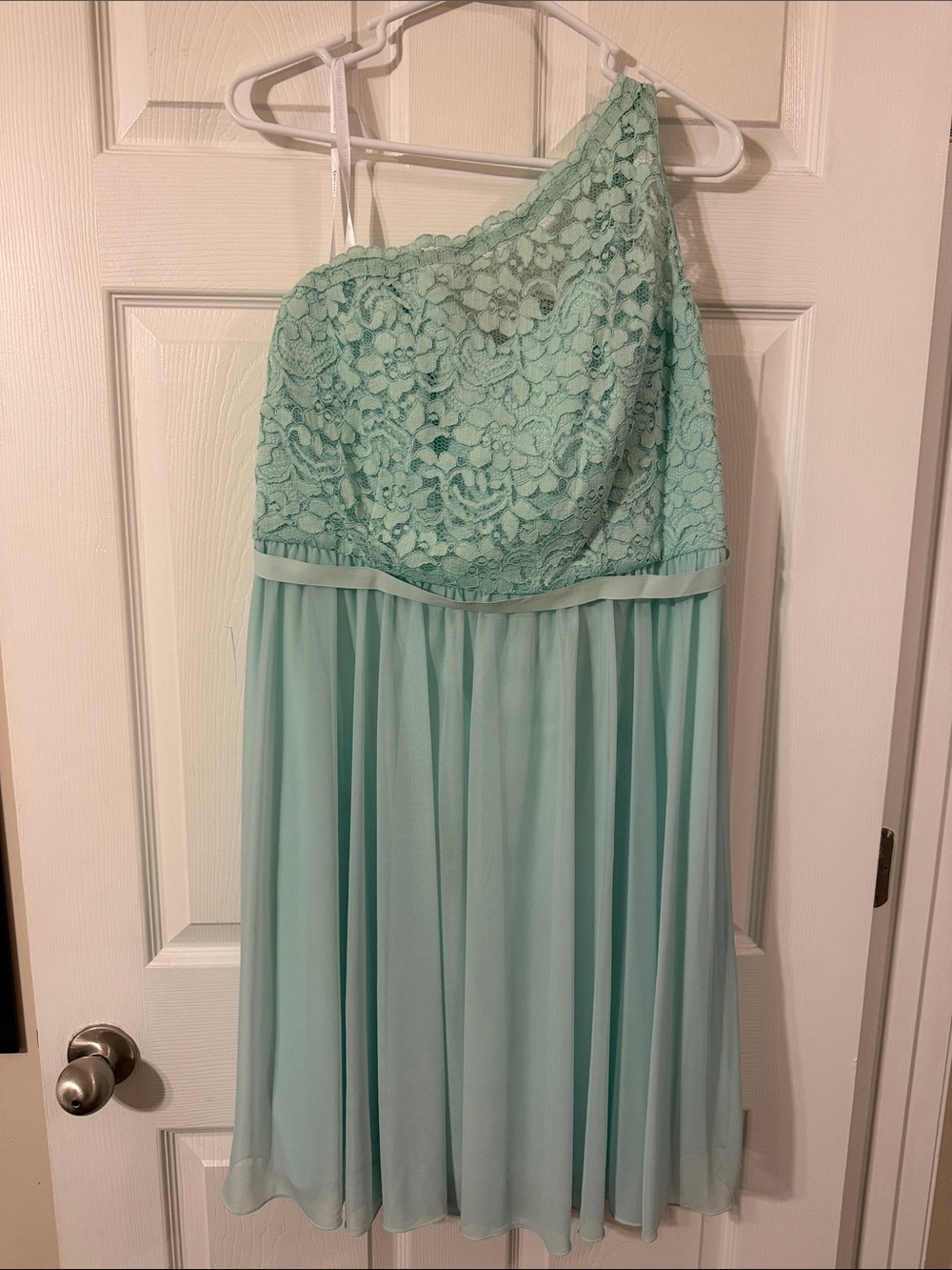 David’s Bridal One-Shoulder Lace Chiffon Dress in Mint Green